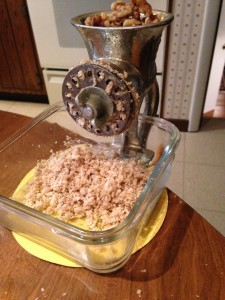 Walnuts ground with a food grinder