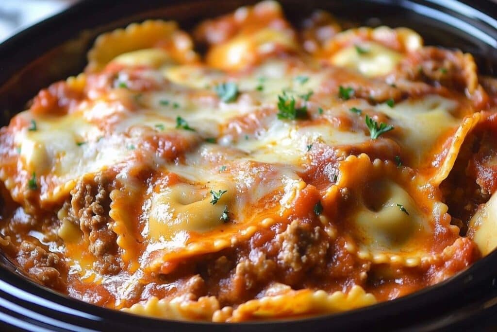 Close-up of a dish featuring ravioli in a tomato-based sauce, topped with melted cheese and garnished with fresh parsley. The ravioli, reminiscent of a simple slow cooker lasagna, are filled with a meat mixture, creating a warm and savory Italian meal in a black serving dish.