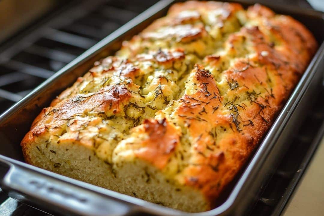 Close-up of freshly baked dill pickle bread in a rectangular pan. The bread has a golden-brown crust and is topped with herbs, capturing the tangy texture and warmth of homemade baking as it rests on the stovetop.