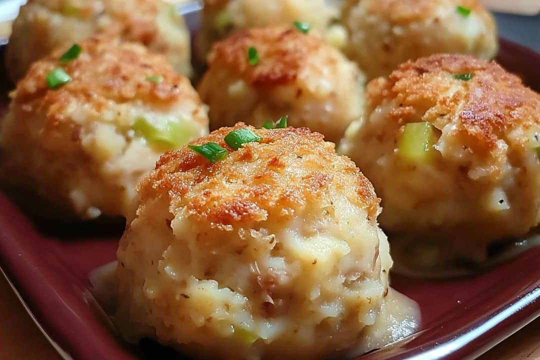 Close-up of a plate with golden-brown, baked stuffed potato balls garnished with chopped herbs. The filling is visible through the crispy crust, reminiscent of an easy Turkey Stuffing Balls recipe, perfect as a Thanksgiving leftover dish. The plate is set on a wooden surface.