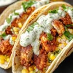 Two crispy chicken tacos filled with seasoned chicken, corn, and rice, topped with a creamy herb sauce. Sprinkled with fresh cilantro, these chicken street tacos with jalapeno ranch are served on a sleek black plate.