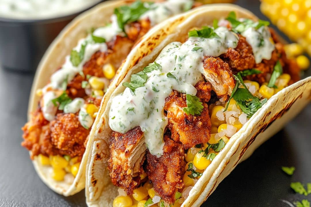 Two crispy chicken tacos filled with seasoned chicken, corn, and rice, topped with a creamy herb sauce. Sprinkled with fresh cilantro, these chicken street tacos with jalapeno ranch are served on a sleek black plate.