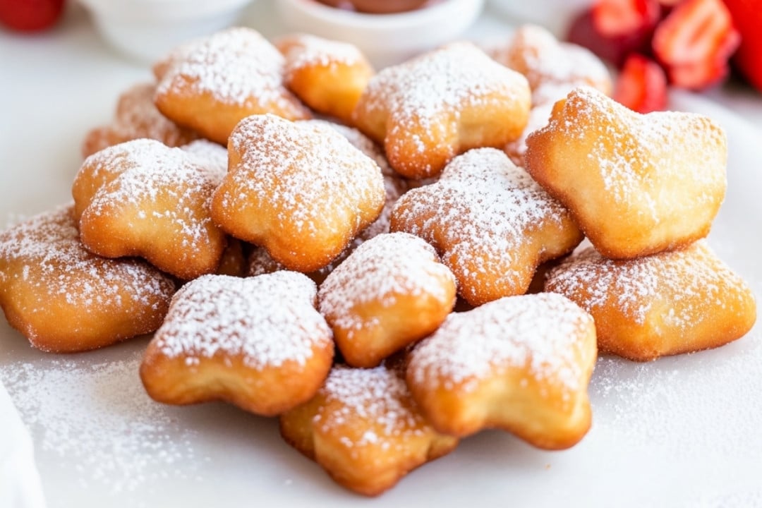 A pile of star-shaped, bite-sized funnel cake beignets sprinkled with powdered sugar rests on a pristine white surface.