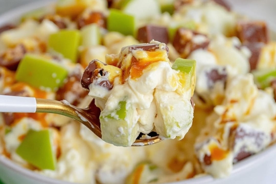 A close-up of a spoonful of creamy Snickers Salad showcases chunks of green apples and chocolate pieces, drizzled with caramel sauce. In the background, a bowl brims with this delectable Potluck Dessert.