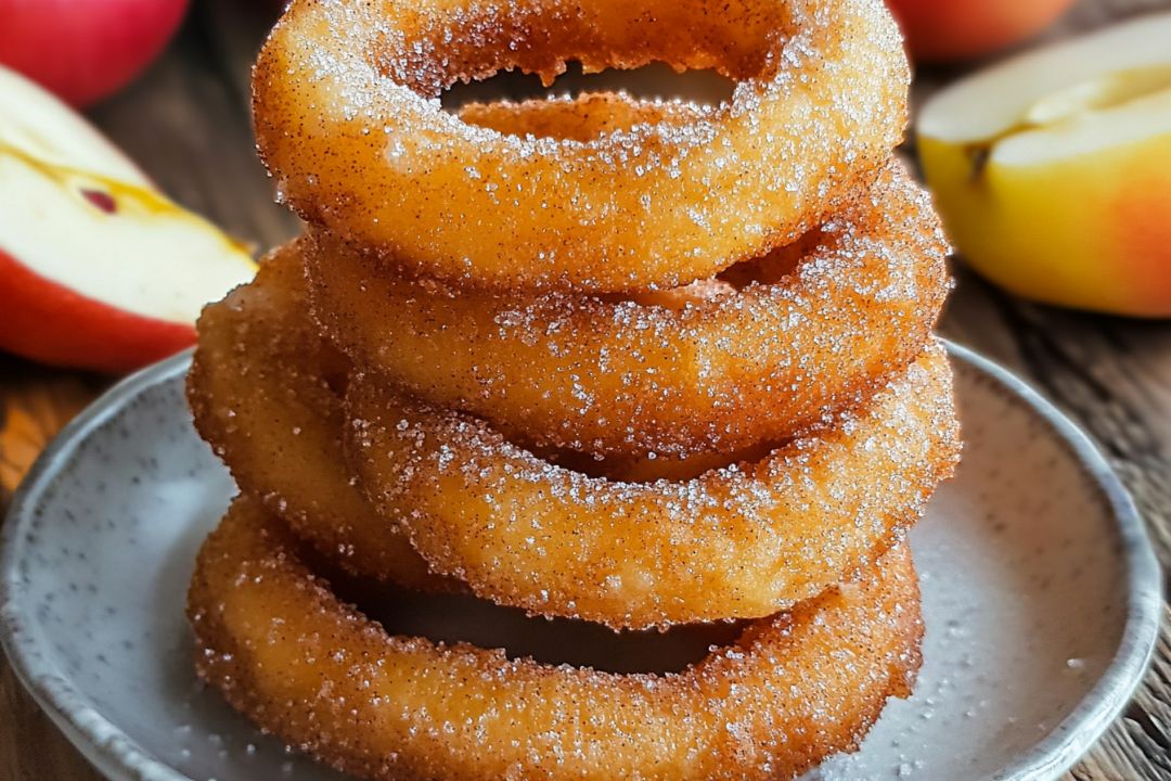 A stack of golden, sugar-coated apple cider donuts rests on a speckled gray plate, reminiscent of a delightful cinnamon apple dessert. In the background, sliced apples are partially visible on a wooden surface, evoking thoughts of cinnamon sugar apple rings.