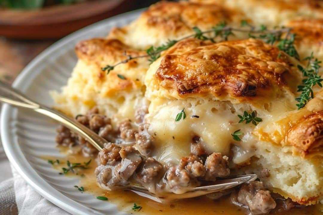 A close-up of a Southern-style sausage pie with a golden, flaky crust. The filling includes savory ground meat and creamy sauce, garnished with fresh herbs. A spoon delicately scoops out a portion onto a white plate.