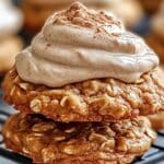 Close-up of two stacked oatmeal cookies with cream cheese frosting on a cooling rack. The top cookie features a swirl of creamy frosting sprinkled with cinnamon, perfect for any fall cookie recipe. In the background, more cookies can be seen slightly out of focus.