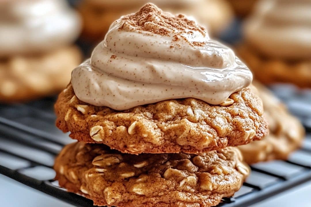 Close-up of two stacked oatmeal cookies with cream cheese frosting on a cooling rack. The top cookie features a swirl of creamy frosting sprinkled with cinnamon, perfect for any fall cookie recipe. In the background, more cookies can be seen slightly out of focus.