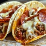 Close-up of two Meat Lovers Pizza Tacos filled with ground beef, melted cheese, tomato sauce, and pepperoni slices, served on a light-colored plate.