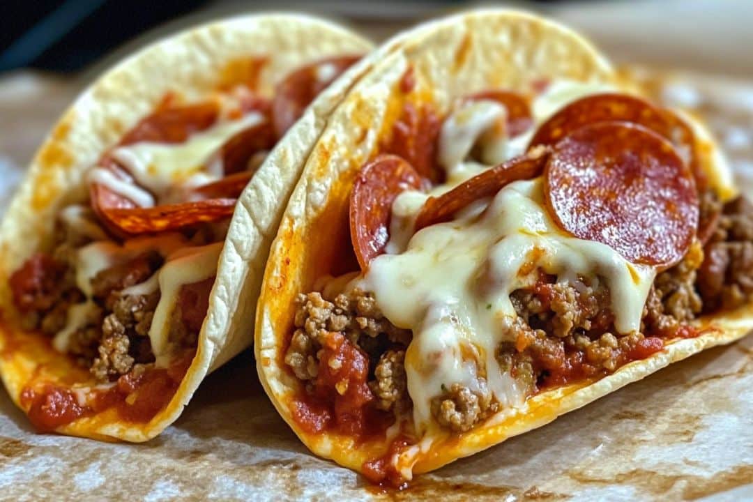 Close-up of two Meat Lovers Pizza Tacos filled with ground beef, melted cheese, tomato sauce, and pepperoni slices, served on a light-colored plate.