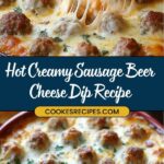 A close-up of a cheesy sausage and beer dip, topped with melted cheese and herbs. A chip is dipped into the warm, gooey mixture. The text reads: Hot Sausage Beer Cheese Dip Recipe and COOKESRECIPES.COM.