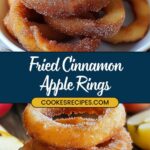 A stack of fried cinnamon apple rings coated in sugar is displayed on two plates. The text in the middle reads "Fried Cinnamon Apple Rings Recipe" with a website URL below, guiding you to uncover the delectable cinnamon sugar apple rings delight.