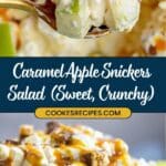 A spoonful of Caramel Apple Snickers Salad Recipe delights with apple chunks, Snickers pieces, and a caramel drizzle. Presented in a bowl below, it features a mix of diced apples and candy, topped with caramel. Text reads Caramel Apple Snickers Salad (Sweet, Crunchy).