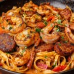 A skillet filled with creamy Cajun shrimp and sausage pasta, topped with succulent shrimp and savory sausage slices. This easy Cajun pasta is garnished with fresh chopped herbs and vibrant red bell peppers.