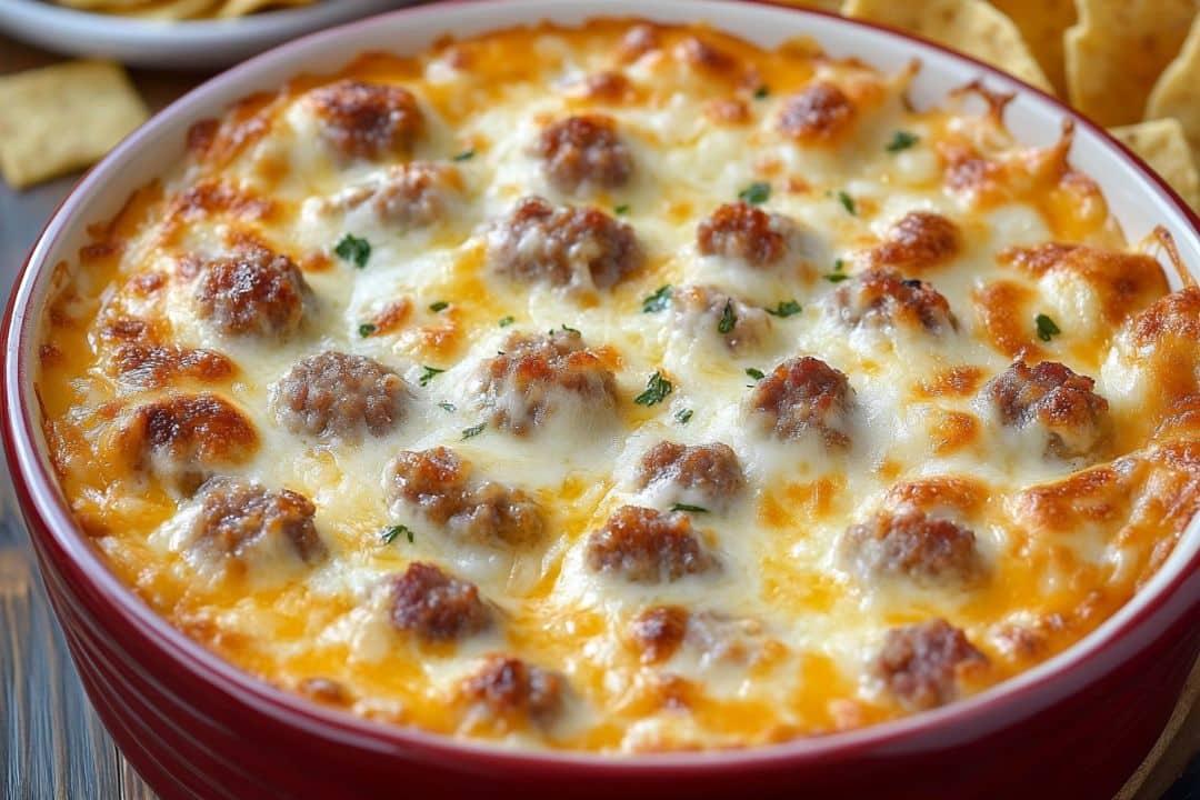 A close-up of a baked cheesy dip for chips featuring melted cheese and browned meatballs, garnished with chopped herbs. This easy beer cheese dip rests in a red round baking dish, while some crackers temptingly sit in the background.