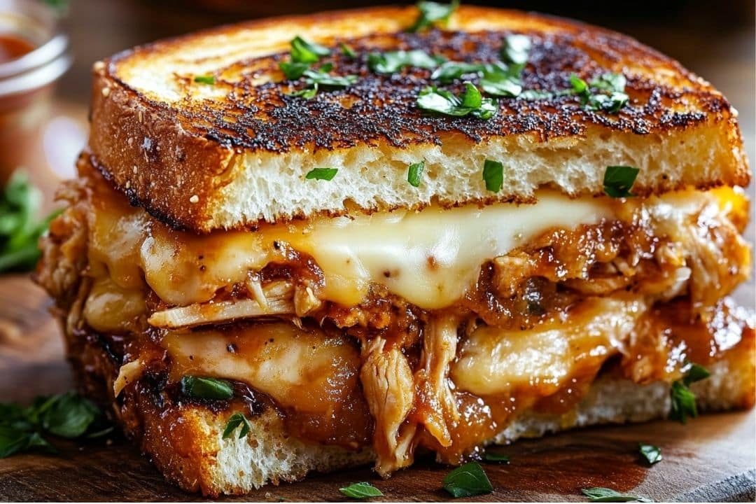 Enjoy a delightful BBQ Chicken Grilled Cheese Sandwich with crispy bread, melted cheese, and shredded barbecue chicken, all garnished with fresh herbs.