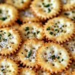 A close-up of round cheesy garlic snacks topped with melted cheese, herbs, and seasonings. The crackers are arranged in an overlapping pattern, creating a textured and appetizing presentation.