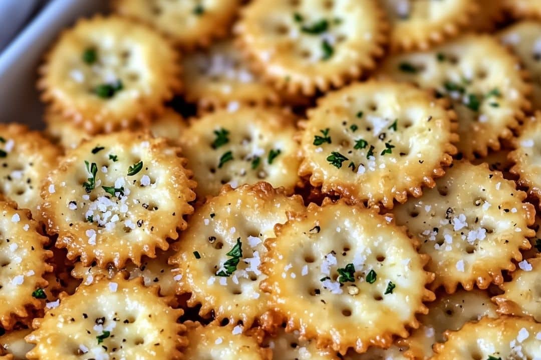 A close-up of round cheesy garlic snacks topped with melted cheese, herbs, and seasonings. The crackers are arranged in an overlapping pattern, creating a textured and appetizing presentation.