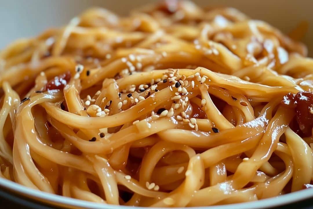 Close-up of homemade hibachi noodles drizzled with a glossy sauce, garnished with black and white sesame seeds and small bits of red chili peppers. The dish is served in a round, shallow bowl, capturing the essence of your favorite hibachi noodles recipe.