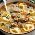 A bowl of creamy tortellini soup features sausage and leafy greens in a flavorful broth. The soup is garnished with fresh herbs, and a spoon rests in the bowl, ready to serve. A blue napkin is partially visible beside the bowl.