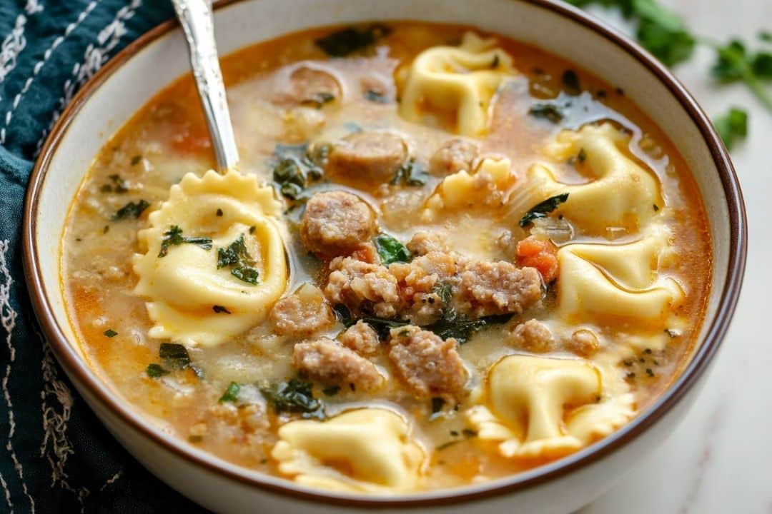 A bowl of creamy tortellini soup features sausage and leafy greens in a flavorful broth. The soup is garnished with fresh herbs, and a spoon rests in the bowl, ready to serve. A blue napkin is partially visible beside the bowl.