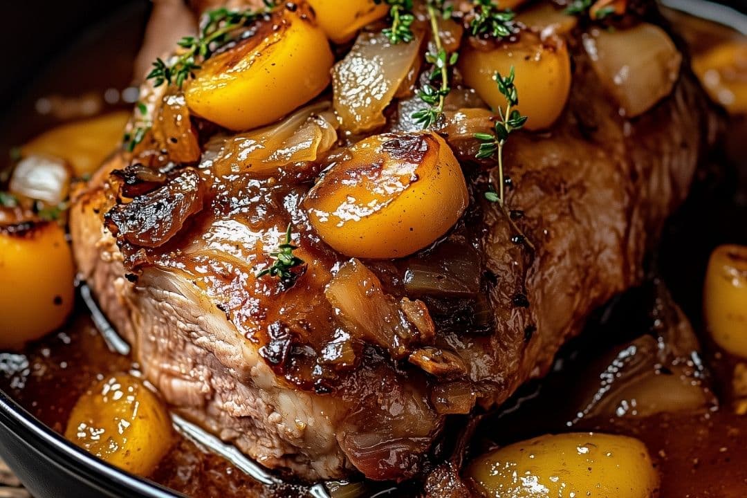 Close-up of a savory pot roast topped with caramelized onions and yellow cherry tomatoes, garnished with fresh thyme sprigs. The dish resembles a rich Apple cider braised pork recipe, highlighting the tender and juicy texture of the meat immersed in a luscious, brown sauce.