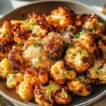 A bowl of cheesy roasted cauliflower florets garnished with grated cheese and chopped herbs. The cauliflowers have a golden-brown crispy texture, set on a gray bowl with a cloth napkin beside it. Sunlight casts a warm glow on this easy cauliflower side dish.