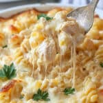 A close-up of a spoon scooping creamy chicken Alfredo pasta bake with melted cheese and chicken. The dish, reminiscent of a classic garlic Parmesan chicken pasta bake recipe, is garnished with fresh parsley and appears golden and cheesy.