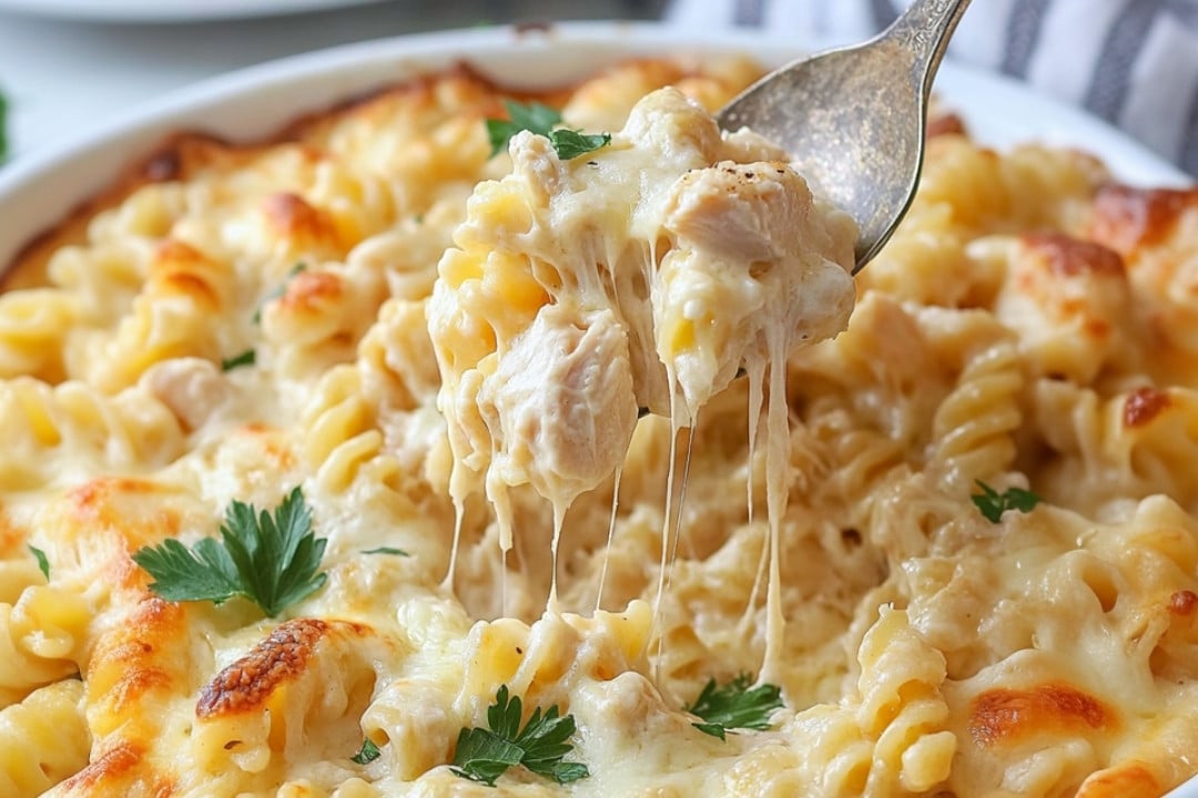 A close-up of a spoon scooping creamy chicken Alfredo pasta bake with melted cheese and chicken. The dish, reminiscent of a classic garlic Parmesan chicken pasta bake recipe, is garnished with fresh parsley and appears golden and cheesy.