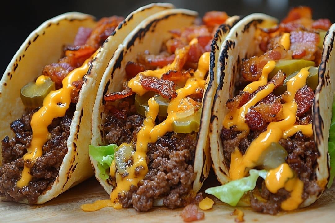 Three bacon cheeseburger tacos packed with seasoned ground beef, shredded lettuce, sliced pickles, and crispy bacon pieces, drizzled with melted cheese inside charred folded tortillas. A quick taco recipe sure to satisfy your cravings for a classic favorite with a twist.