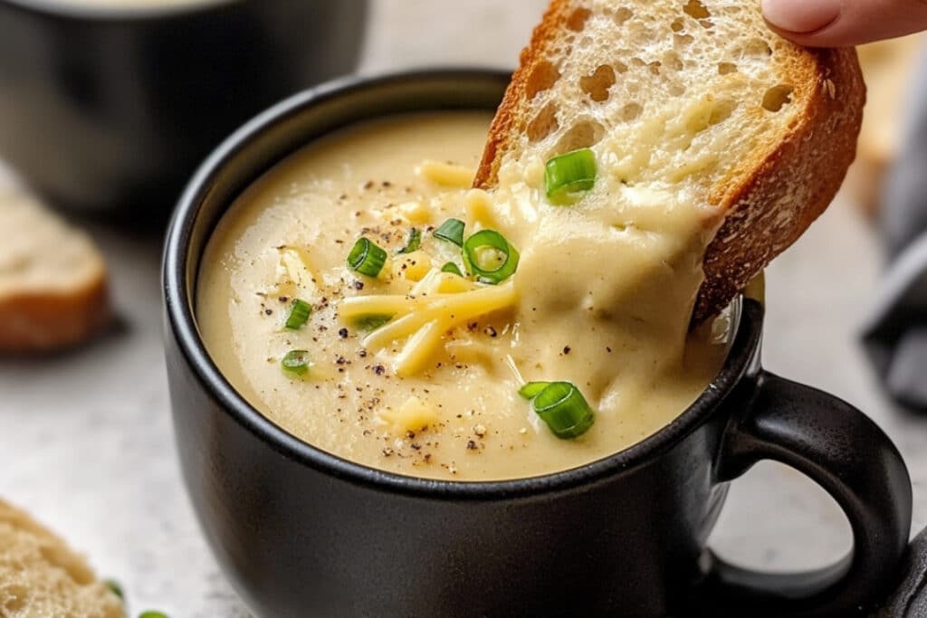 A bowl of creamy Roasted Garlic Cheddar Cauliflower Soup garnished with shredded cheese and chopped green onions. A slice of crusty bread is being dipped into the soup. The black bowl sits on a light-colored surface, complemented by an extra piece of bread in the background.