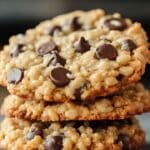 A close-up of three stacked Rice Krispie Chocolate Chip Cookies with visible chocolate chips and a crunchy texture, set against a blurred background.