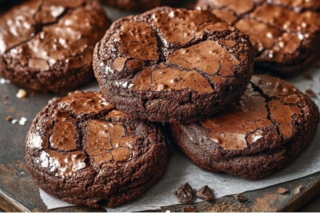 A batch of rich, fudgy brownie cookies with a cracked, glossy top sits stacked on parchment paper. The dense texture is visible, with small crumbs scattered around the edges.