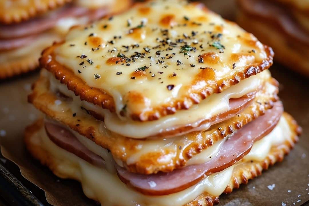 A close-up of savory crackers stacked with melted Swiss cheese and baked ham in between. The top is garnished with herbs and a golden, crispy layer of cheese. Perfectly described as Ham and Swiss Cracker Melts, they're a delightful homemade cracker melts recipe for any occasion.