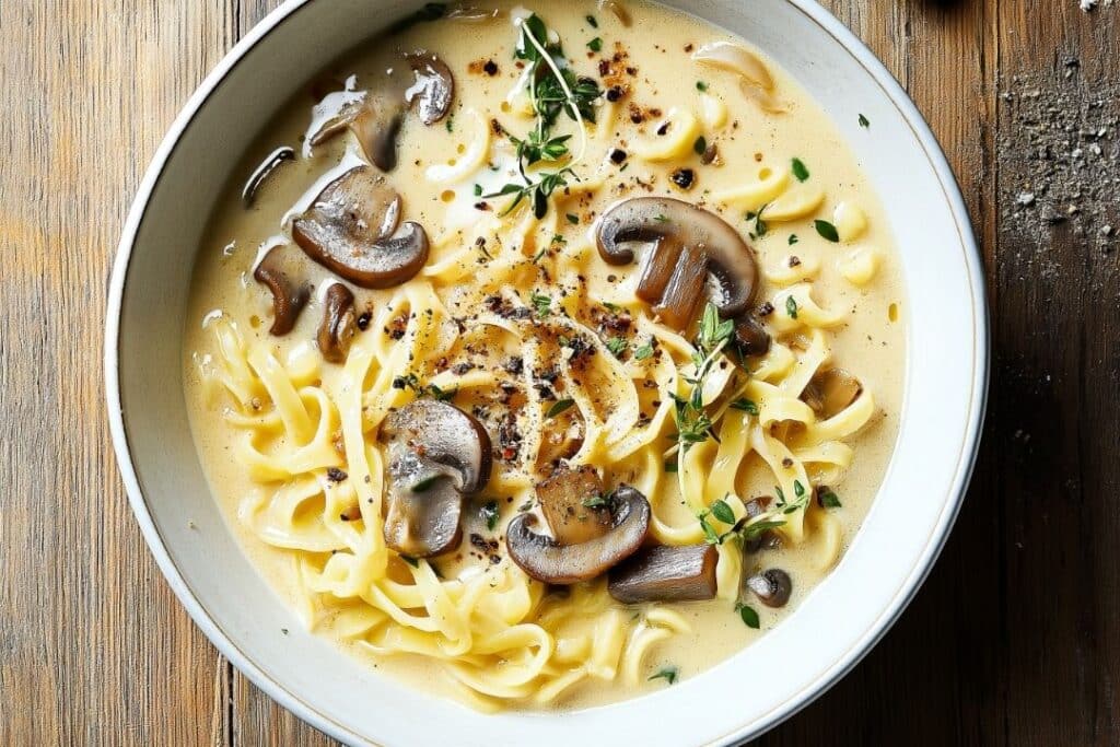 A bowl of creamy mushroom pasta garnished with fresh herbs and black pepper. The dish features wide, flat noodles reminiscent of an easy ramen noodles recipe, bathed in a rich, beige sauce, set on a wooden table.