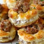 Close-up of golden, flaky pastries topped with browned, crumbled sausage and cheese, revealing the irresistible allure of easy sausage appetizers. These Sausage and Cream Cheese Biscuit Bites are stacked to showcase their layers, delicately garnished with bits of fresh green herbs.