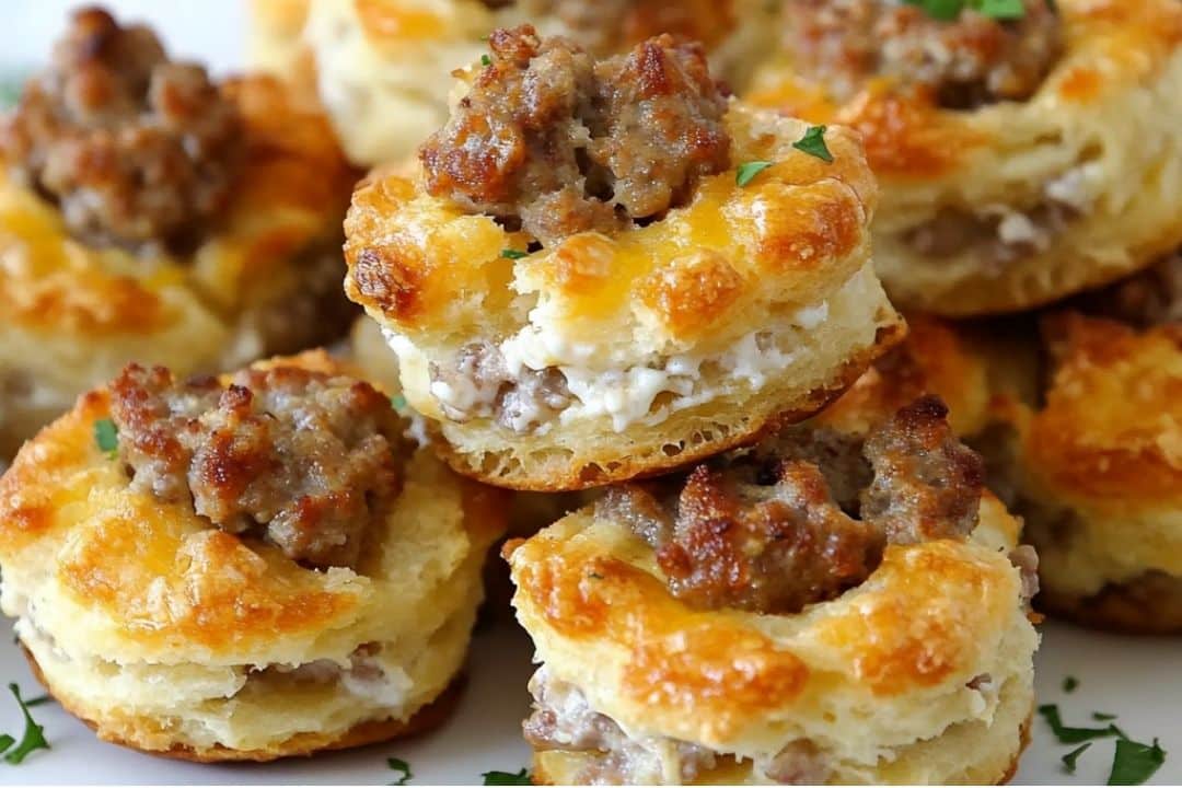 Close-up of golden, flaky pastries topped with browned, crumbled sausage and cheese, revealing the irresistible allure of easy sausage appetizers. These Sausage and Cream Cheese Biscuit Bites are stacked to showcase their layers, delicately garnished with bits of fresh green herbs.