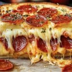 A close-up of a thick slice of pizza bread, blending the delight of pepperoni pizza with grilled cheese, topped with gooey, stringy cheese and savory pepperoni slices. Herbs are sprinkled on top, giving it a rich and appetizing appearance.