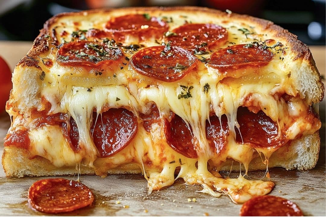 A close-up of a thick slice of pizza bread, blending the delight of pepperoni pizza with grilled cheese, topped with gooey, stringy cheese and savory pepperoni slices. Herbs are sprinkled on top, giving it a rich and appetizing appearance.