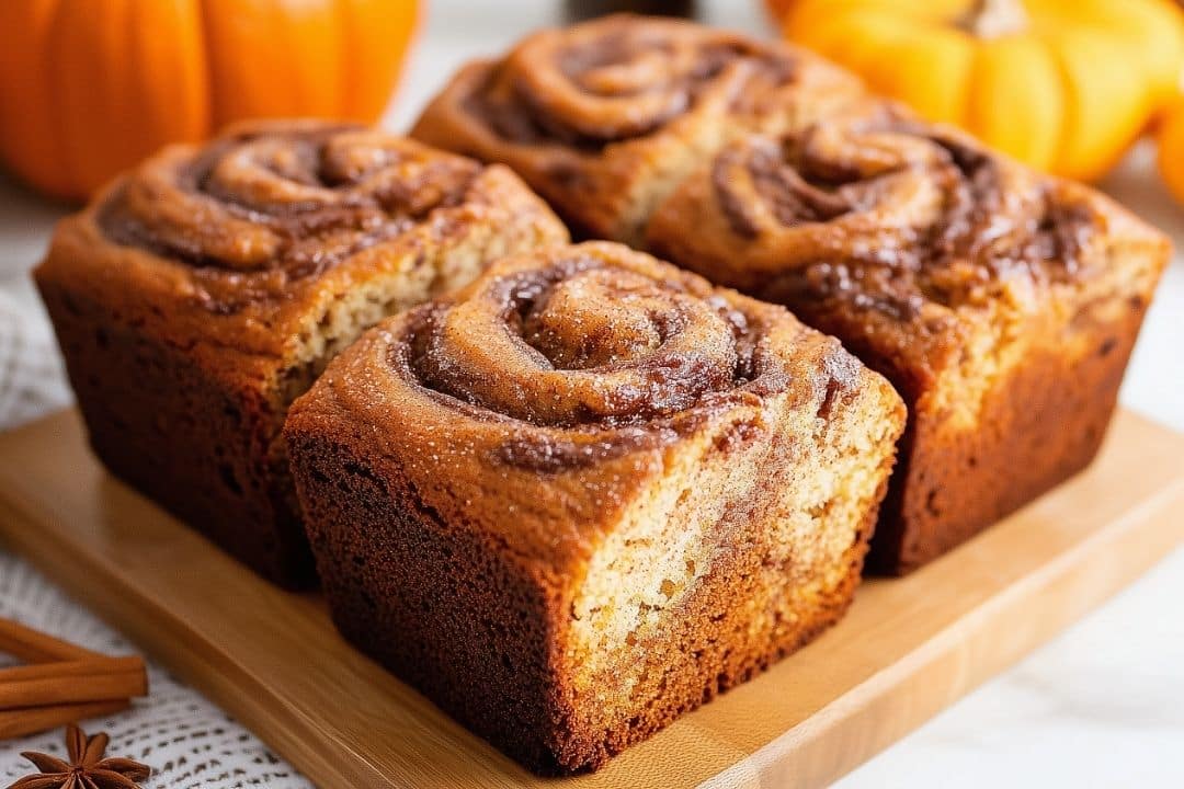 Four loaves of cinnamon swirl bread are displayed on a wooden board. Their golden-brown crusts reveal enticing swirls on top. Small pumpkins and cinnamon sticks blur in the background, enhancing the cozy, autumnal vibe. This small batch creation is perfect for pumpkin spice lovers.