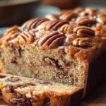 A freshly baked pecan loaf cake, reminiscent of Sweet Alabama Pecan Bread, is sliced on a wooden board, revealing a dense texture with visible pecans throughout. Whole pecans are generously scattered on top, adding a rustic, homemade charm to the presentation.