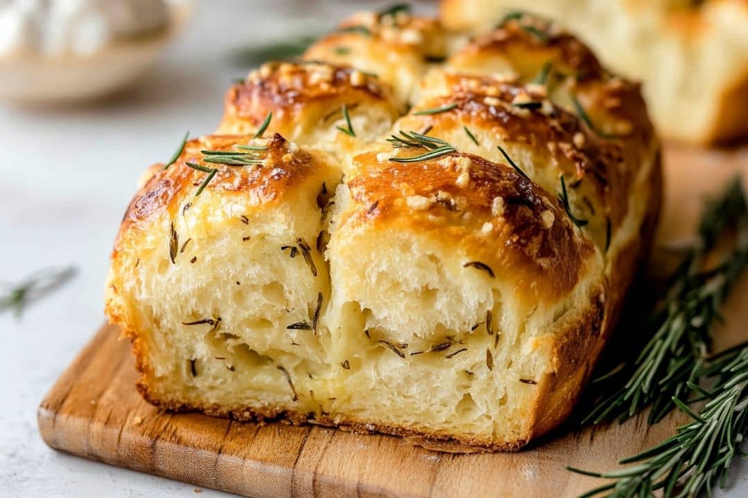 A loaf of golden-brown Rosemary Garlic Pull Apart Bread topped with rosemary sprigs and salt sits on a wooden board. This yeast bread is fluffy and textured, sliced to reveal its soft interior. Sprigs of rosemary are scattered around the board, enhancing its rustic charm.