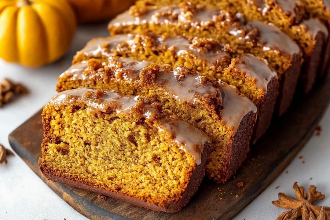 Sliced pumpkin bread with a glossy maple glaze sits on a wooden board. In the background, a small pumpkin and star anise add to the cozy autumn scene.