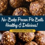 Close-up of a pile of easy pecan pie balls, showcasing their nutty texture. One ball is partially eaten, revealing the inside. Text overlay reads No-Bake Pecan Pie Balls Healthy & Delicious! with a website link, jessicasrecipes.com.