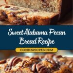 Close-up of moist, dense Sweet Alabama Pecan Bread, a classic Southern dessert topped generously with pecans. The rich, nutty texture is irresistible. A label on the image reads Sweet Alabama Pecan Bread Recipe from jessicasrecipes.com.