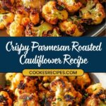 Crispy Parmesan roasted cauliflower sits golden brown on a plate, topped with herbs and cheese. This easy cauliflower side dish shines as both a recipe centerpiece and versatile complement. Text overlay reads: Crispy Parmesan Roasted Cauliflower Recipe - COOKESRECIPES.COM.