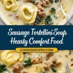 A bowl of creamy sausage tortellini soup with kale, served hot. A spoon rests in the bowl, inviting you to dive into this comforting delight. Text overlay on the image reads Sausage Tortellini Soup Recipe Hearty Comfort Food and jessicasrecipes.com.