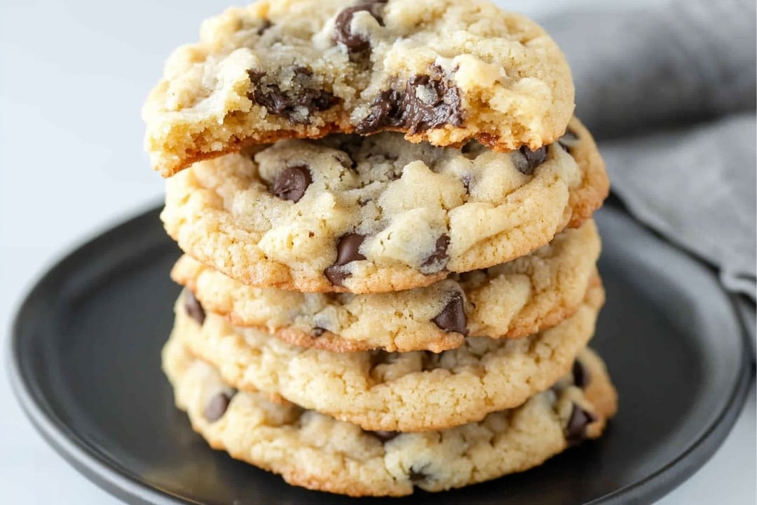 A stack of five chocolate chip cookies, resembling Rice Krispie Cookies, sits on a black plate. The top cookie has a bite taken out, revealing gooey chocolate chips inside. The softly blurred background highlights the tempting cookies.