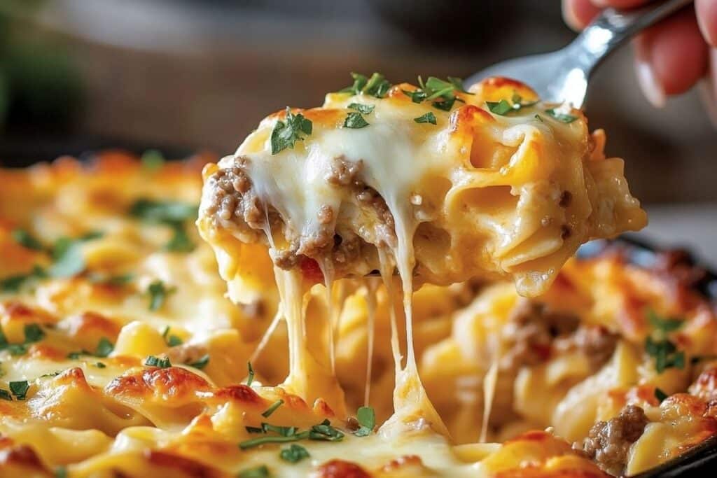 A close-up of a cheesy Sour Cream Noodle Bake with a spoon lifting a portion. The dish features melted cheese, ground meat, and garnished with parsley. The cheese stretches as the spoon lifts the pasta, highlighting its gooey texture in this delightful Sour Cream Noodle Bake recipe.