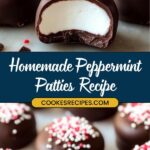 Close-up of chocolate-covered peppermint patties with white centers, topped with red and white sprinkles. Text reads, Homemade Peppermint Patties Recipe (5 Ingredients!) - COOKESRECIPES.COM. These 5 ingredient peppermint patties are perfectly arranged on a baking sheet.